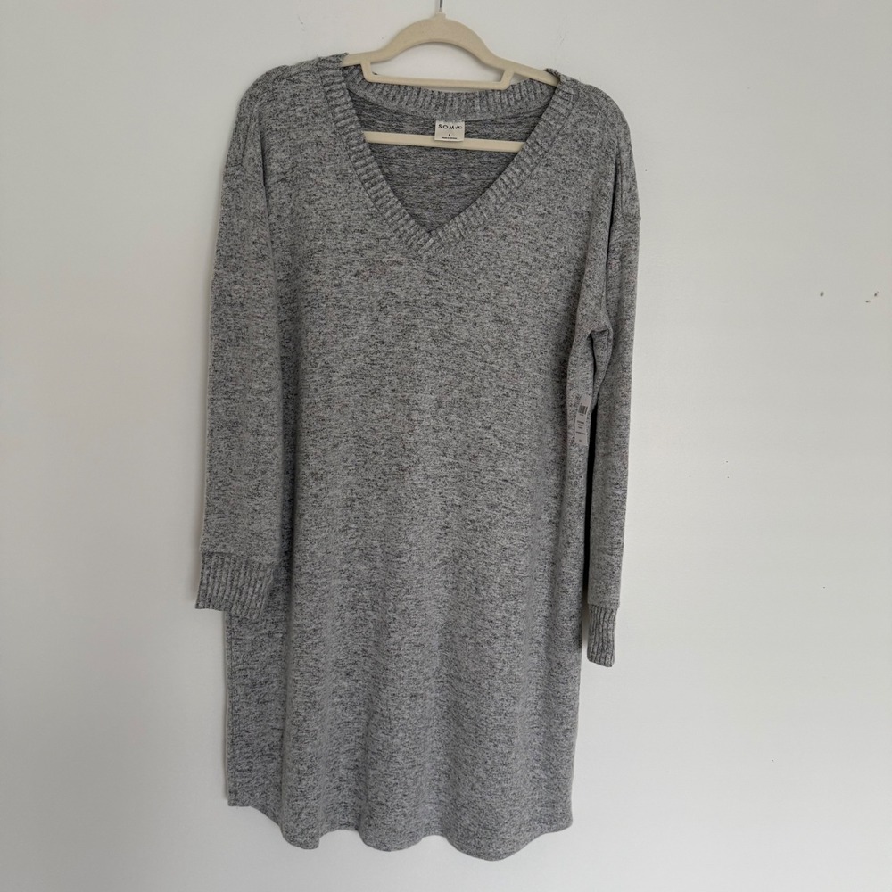 NWT Soma V Neck Sweater Tunic Gray Large Loungwear Nightgown‎ Soft Lightweight